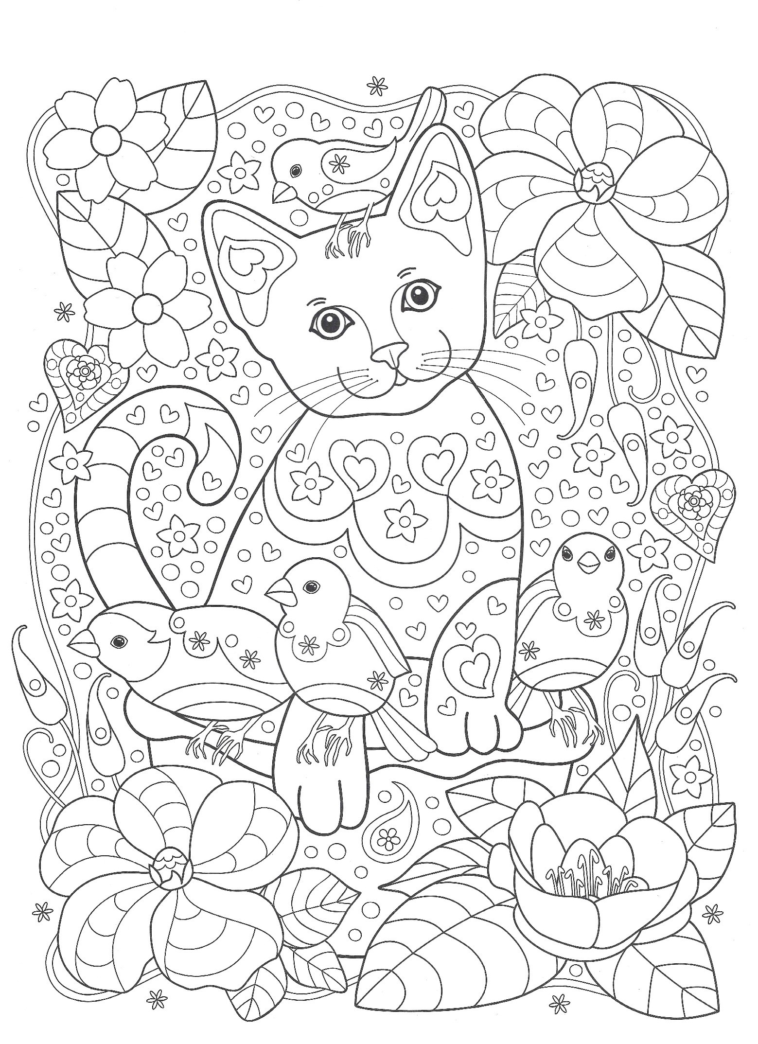 Кот и воробьи в саду